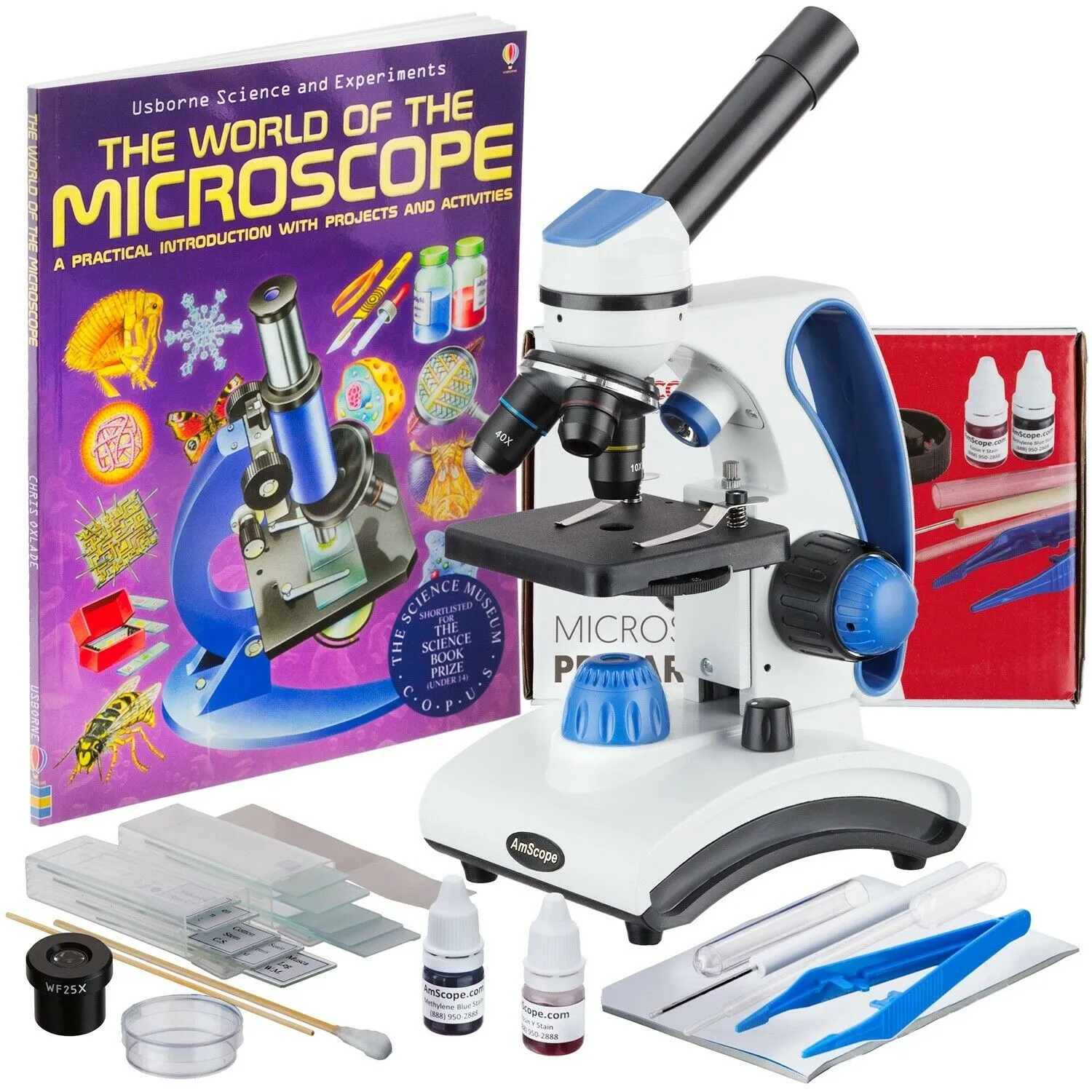 AmScope M162 Series Portable Metal Frame Student Compound Microscope 40X-1000X Magnification With Slides, Tools and Book