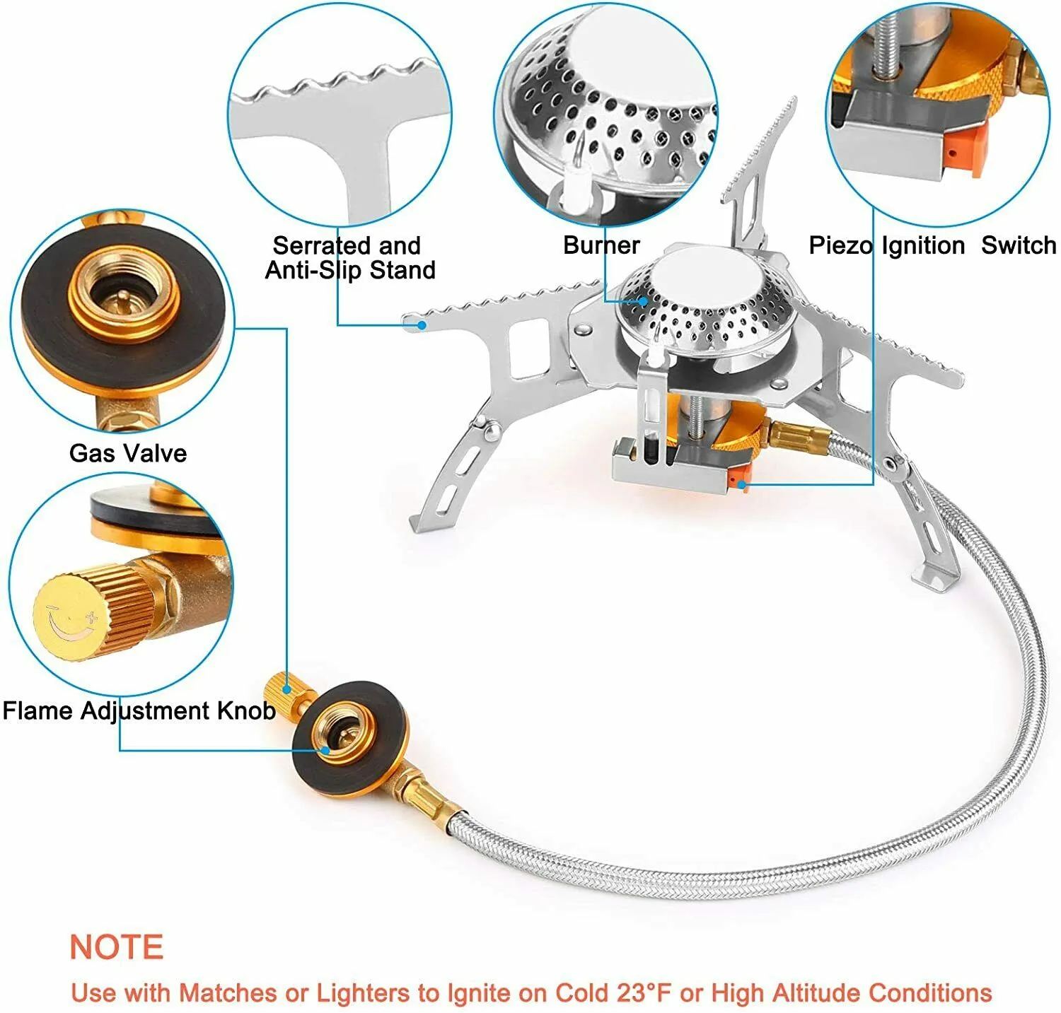 Camping Gas Stove Portable Backpacking stove with Piezo Ignition, Burner, Case 3700w