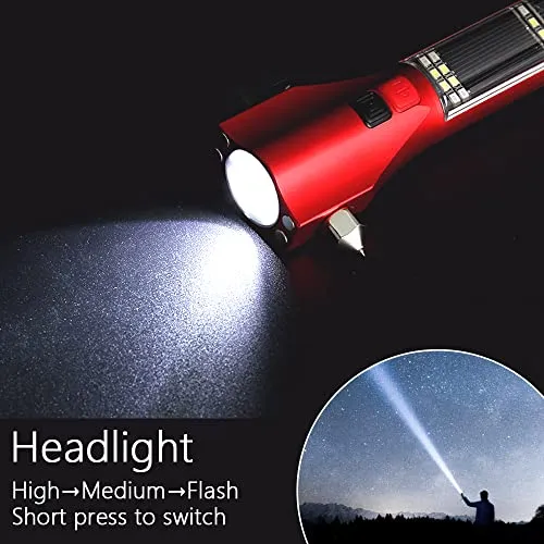 SINSEN Car Emergency Flashlight, Seatbelt Cutter Window Glass Breaker, Multifunctional Tactical Tool—Safety Hammer/Bright Solar Torch/Rechargeable/Rescue Alarm & Beacon/Repair Magnet