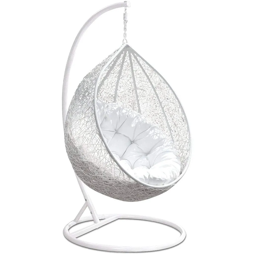 Wicker Rattan Egg Chair Swing with Stand: White